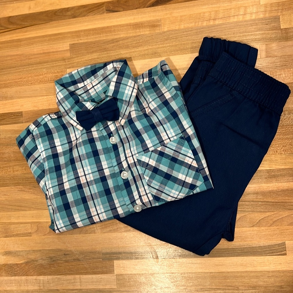 2T Buttons and Threads matching set with button down shirt, bow tie and pants.